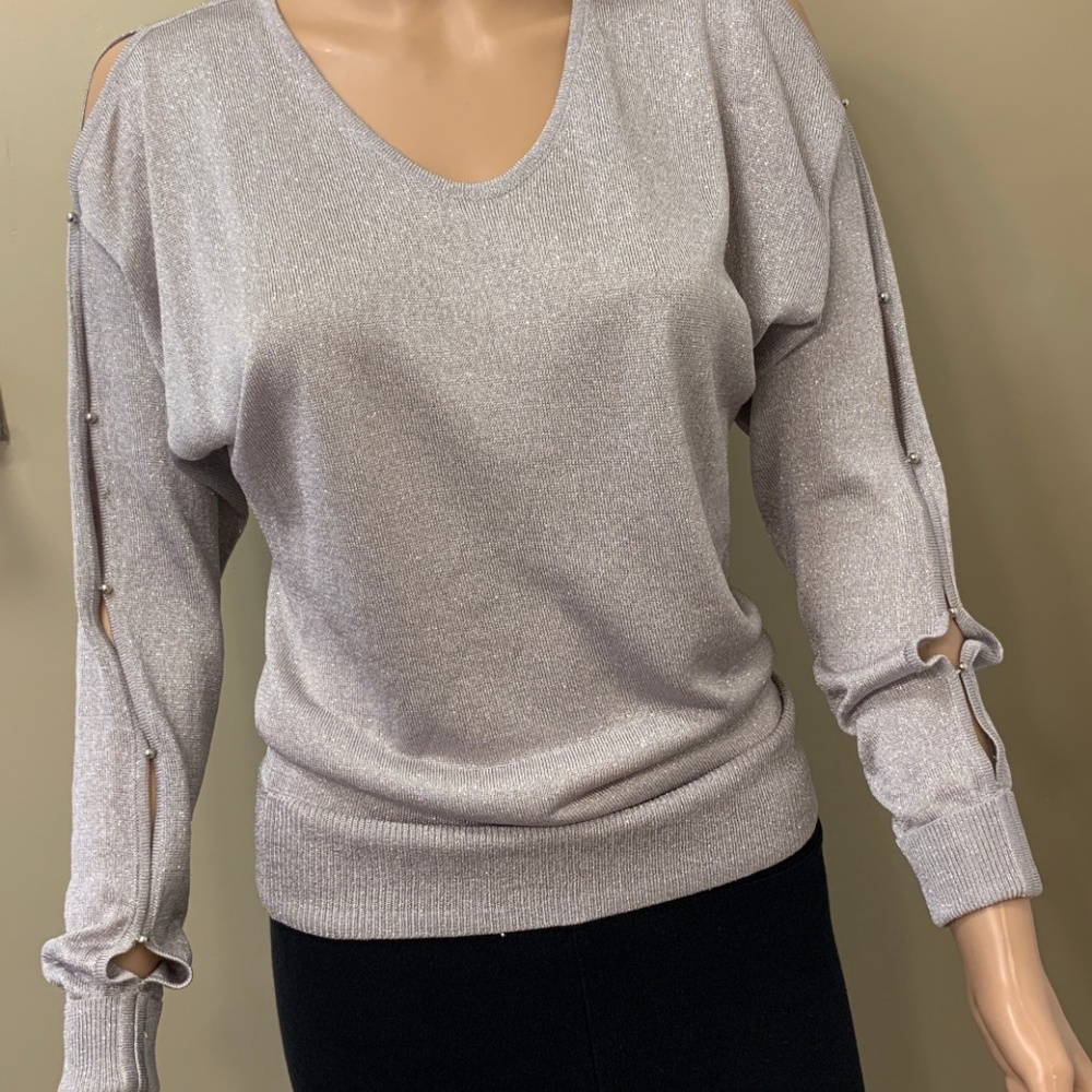 NEW WOMENS CALVIN KLEIN LONG SLEEVE SILVER TOP XS